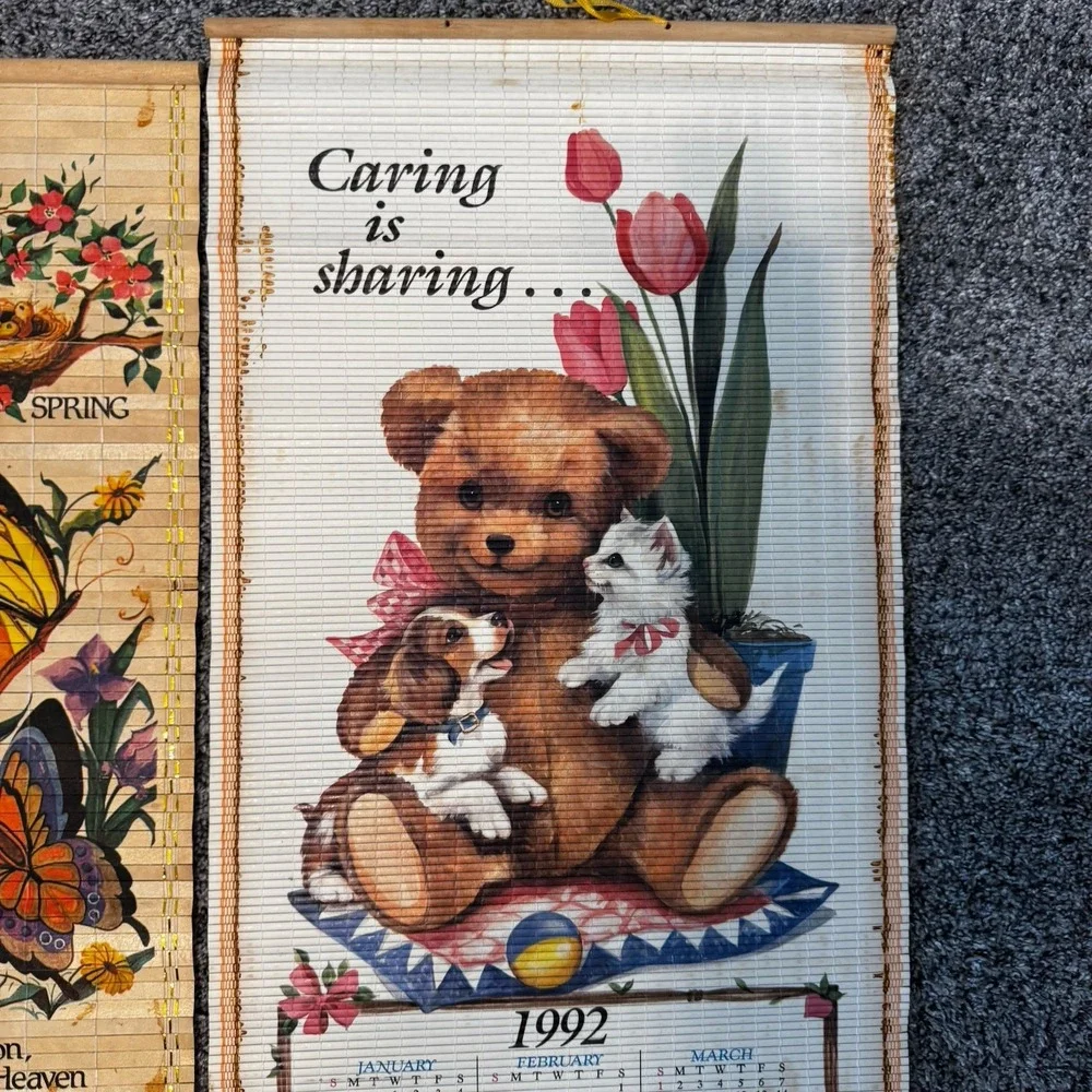 Vintage Giftco 1982, 1983 & 1992 Bamboo Art Wall Scroll Calendars Lot Butterfly
